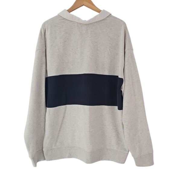 Old Navy XXL Rugby Stripe Half-Zip Navy Grey Sweatshirt Vintage Inspired Preppy - Picture 2 of 13